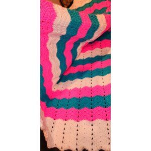 Handmade Crochet Blanket Throw With Pink White Blue Stripes NEW